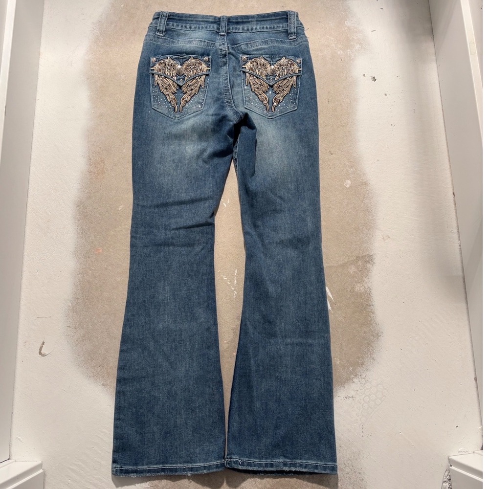 Telepatia Wing Embroidered Flare Jeans Medium Wash Rhinestone Y2K Size 7/28